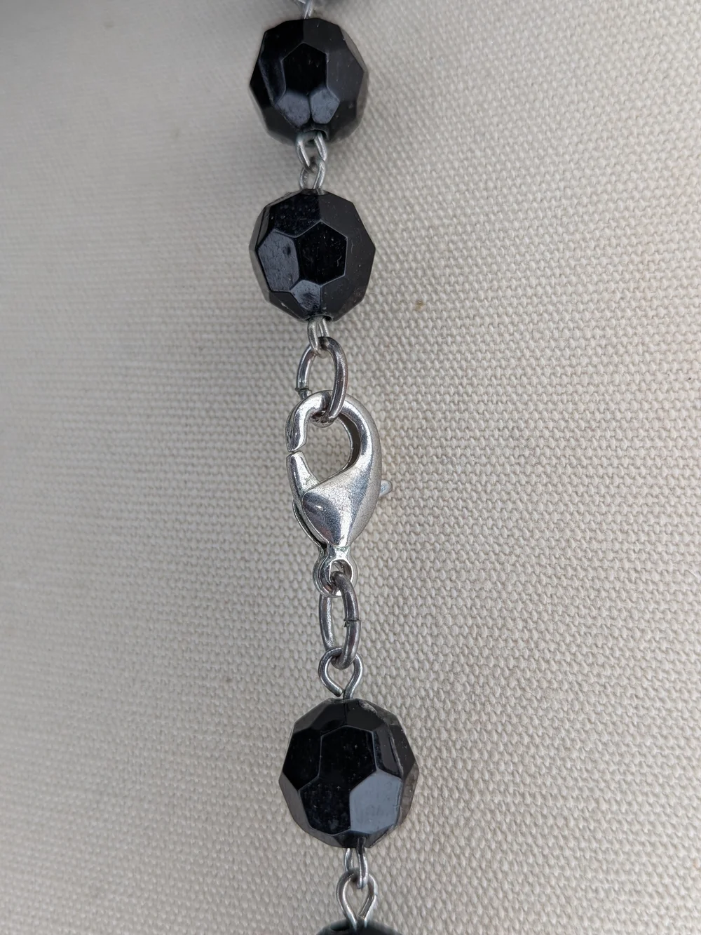Long Faceted Black Bead Necklace Rhinestone Pave Accent Opera Length